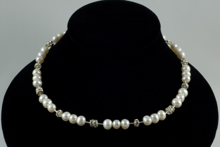 Sterling Silver w/ Freshwater White Pearls spaced with Swarovski Rondell Necklace [NKS006]